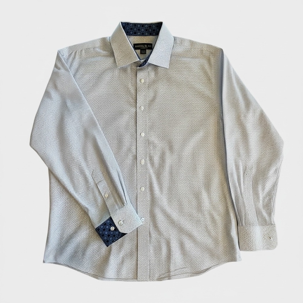 Bristol Bull Mens XL White Blue Geometric Pattern Contrast Cuff Button Up Shirt